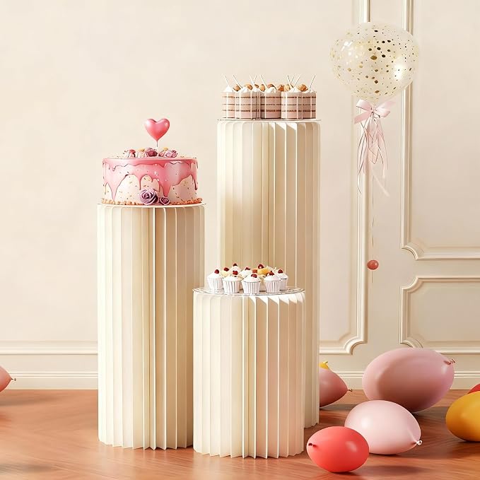 3 Pack Portable White Cylinder Stands for Party, 31.5", 23.6", 15.7" Height Foldable Cardboard Tall Cake Pedestal Stand Flower Floral Pillar Table Stand, cilindros para fiestas redondos blancos for Wedding Parties