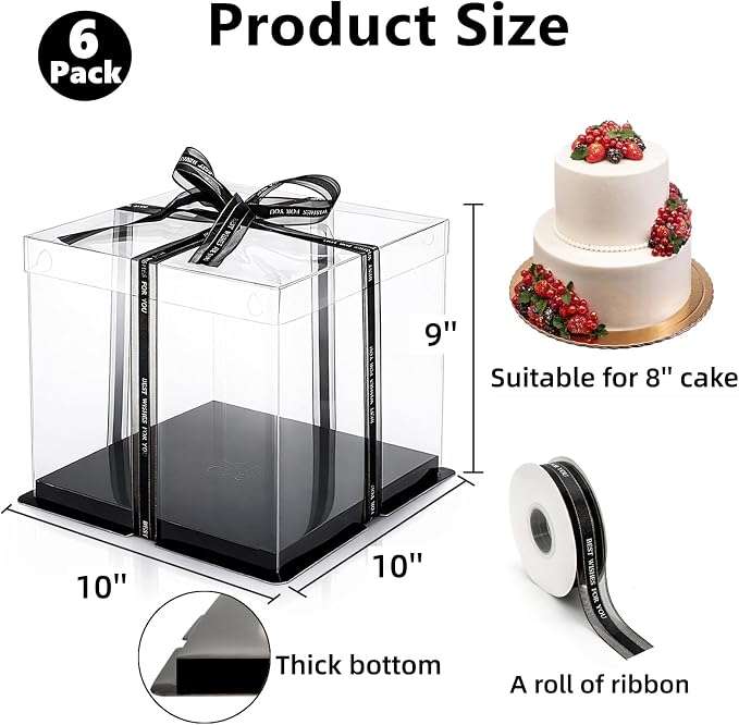 Cididu 6 Pack Clear Cake Box with Ribbon, 2-Layer Tall Cake Carrier Box, Packaging Boxes 10x10x9 Inch, PET Clear Gift Box with Lid, Transparent Cake Containers for Mother's Day Birthday Party Wedding