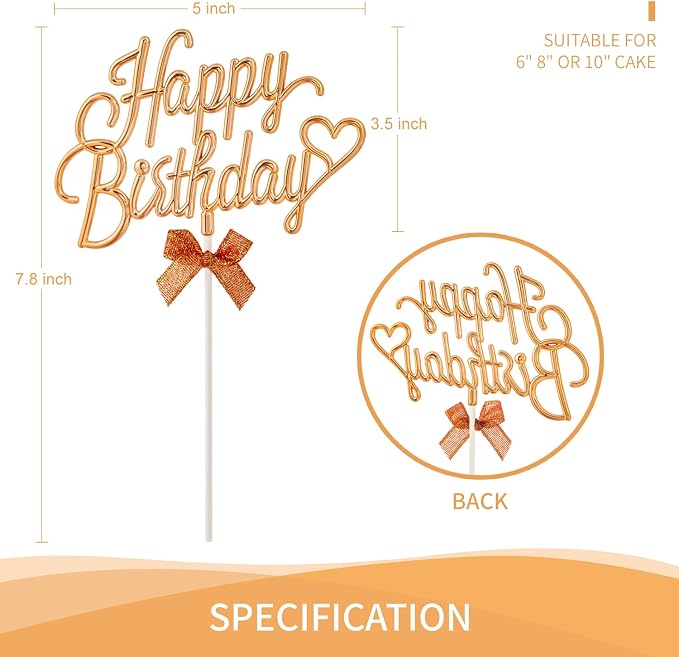 Gold Happy Birthday Cake Topper Plastic - 3D Double Sided Cursive Happy Birthday Sign for Cake with Bow, Idea for Cake Decoration(GOLD)