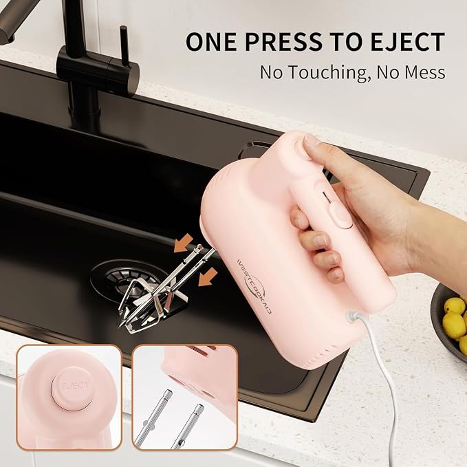 Electric Hand Mixer, 5-Speed Handheld Mixer for Baking Cakes, Eggs, Cream, 150W Turbo Boost Kitchen Mixer, Pink, Gifts for Women Mother