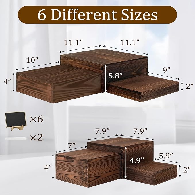 6-Pack Wood Risers Display Stands, Multi-Height Food Risers for Buffet Table, Rustic Wooden Cake & Cupcake Stands for Party, Birthday, Wedding, Halloween Decor