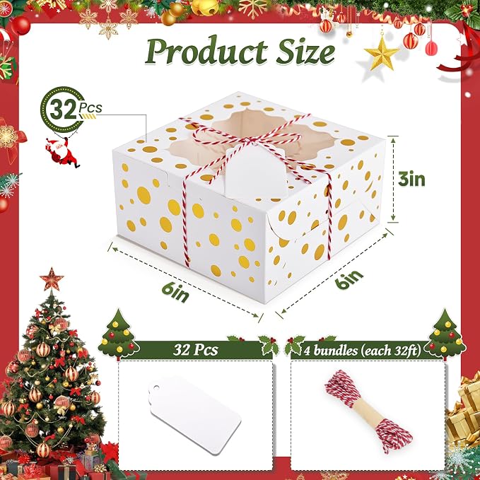 32Pcs 6x6x3 in Christmas Cookie Boxes with Window, White Bakery Boxes for Cookie, Treat Boxes Pastry Boxes for Gift Giving, Chocolate Covered Strawberries, Dessert, Donut, Cupcakes Muffins
