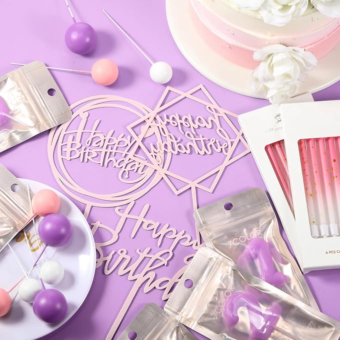 Yerliker 34 Pcs Happy Birthday Cake Toppers Decorations Birthday Candles DIY Cake Decor for Men Women Wedding Anniversary(Purple Pink)