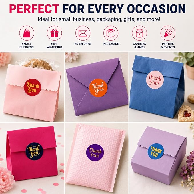 1000 Thank You Stickers, 1 Inch Round Thank You Sticker Roll, Bulk Thank You Stickers for Small Business Packaging, Boxes, Bags, Envelopes, Baked Goods & Party Favors, 2 Rolls of 500