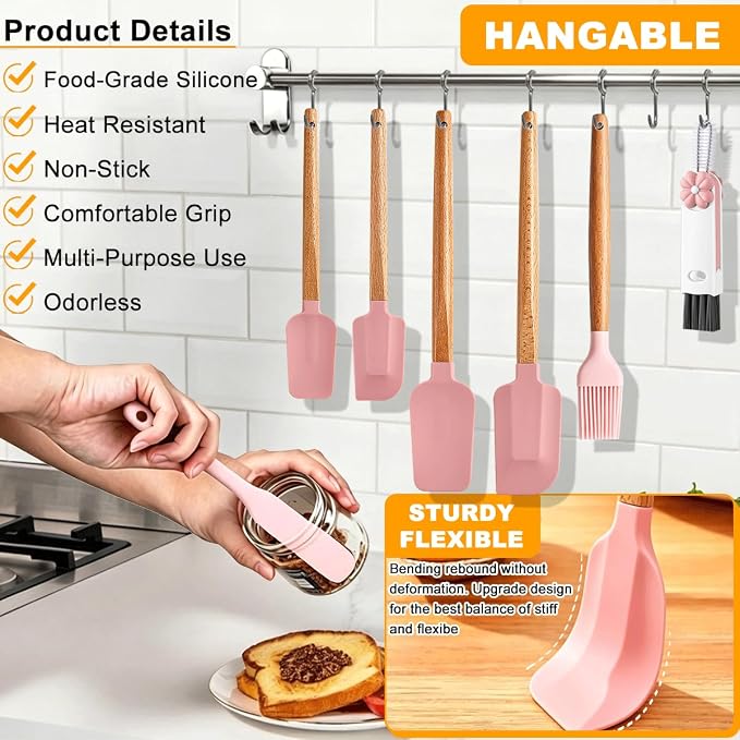 Silicone Spatula Set - 7 Piece Food Grade Rubber Spatula, Heat Resistant Up to 600°F, Wooden Handle Kitchen Utensils Set for Cooking, Baking & Mixing, Jar, Non-Stick Silicone Utensil Pink