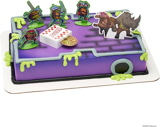 DecoSet® Teenage Mutant Ninja Turtles™ Pizza Power Cake Topper, 6-Piece Cake Decoration With Turtle Figurines, Cake Pic, And Pizza Launcher ! | For Birthday, Parties, Celebration