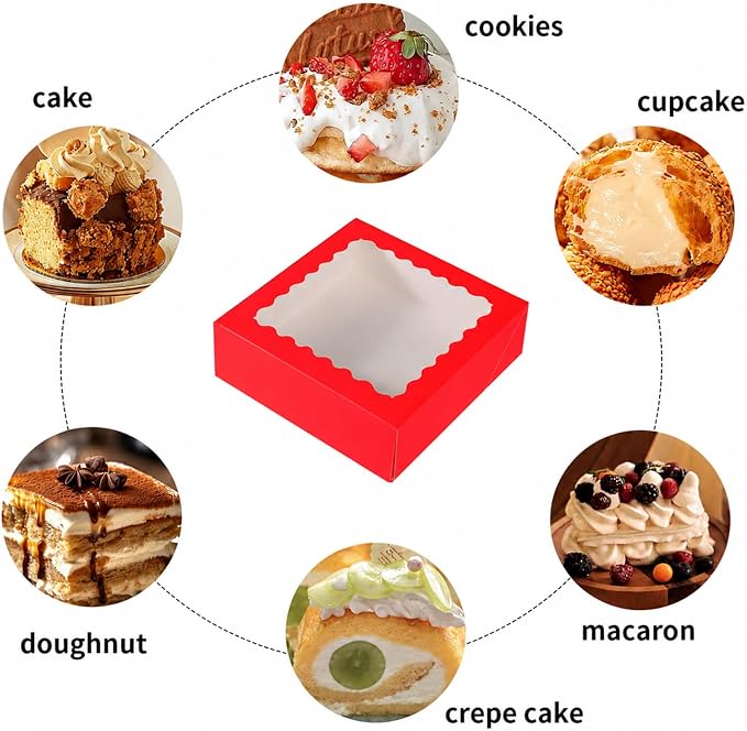 24 pcs Red Pie Boxes,12x12x3 Inch Auto-Popup Bakery Boxes with Window Donuts Chocolate Muffins Donuts Pastry Dessert Cookie Box For Packaging