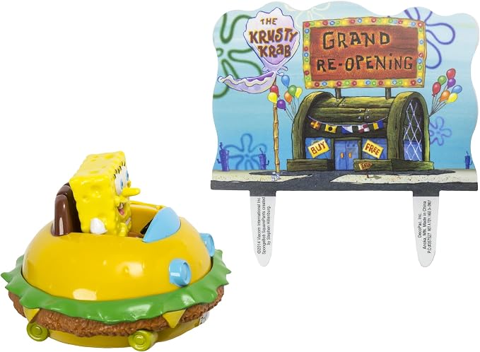 DecoSet® SpongeBob Square Pants Krabby Patty Cake Topper, 2-Piece Birthday Party Set with Rolling Car Figure for Fun After the Party, 3"H x 4.25"W