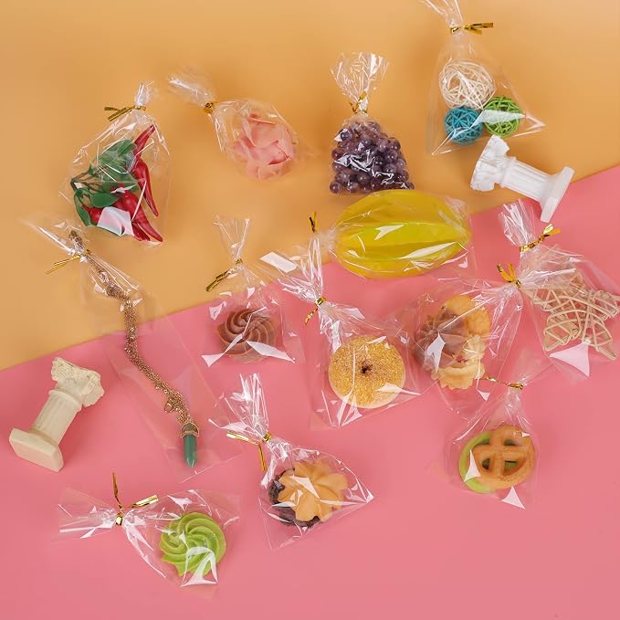 650 PCS Clear Flat Cellophane Treat Bags, 3x5",4x6",9.84x2" Cellophane Bags with Ties, Clear Gift Bags for Party Favors, Pretzel Rods, Bakery, Cookies, Candies, Dessert