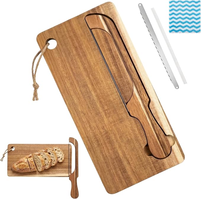 Bread Bow Knife and Board Set - Double-Sided Sourdough Bread Slicer with Spare Stainless Steel Blade & Integrated Storage, Space-Saving Bread Knife for Homemade Bread, Bagels, Ideal Gift for Homebaker