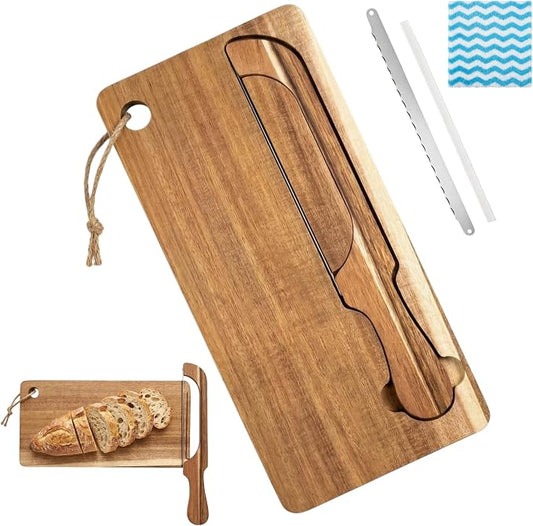 Bread Bow Knife and Board Set - Double-Sided Sourdough Bread Slicer with Spare Stainless Steel Blade & Integrated Storage, Space-Saving Bread Knife for Homemade Bread, Bagels, Ideal Gift for Homebaker