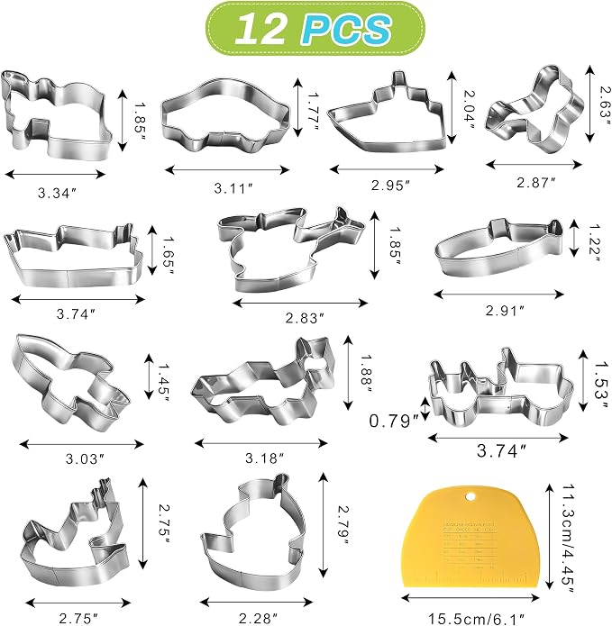 Airplane Cookie Cutter Set - 12Pcs Mini Cookie Cutters Variety Pack with Dough Scraper, Cars, Rocket and Boats Stainless Steel Cookie Mold for Biscuits, Fondant
