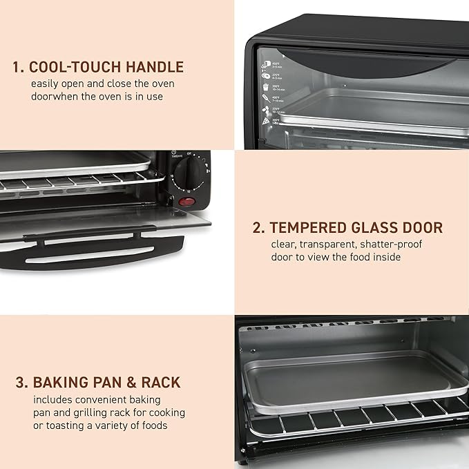 Elite Gourmet ETO236 Personal Compact 2 Slice Countertop Toaster Oven with 15 Minute Timer & Adjustable Temperature,Bake,Broil,& Toast,Black,(Pack of 6)