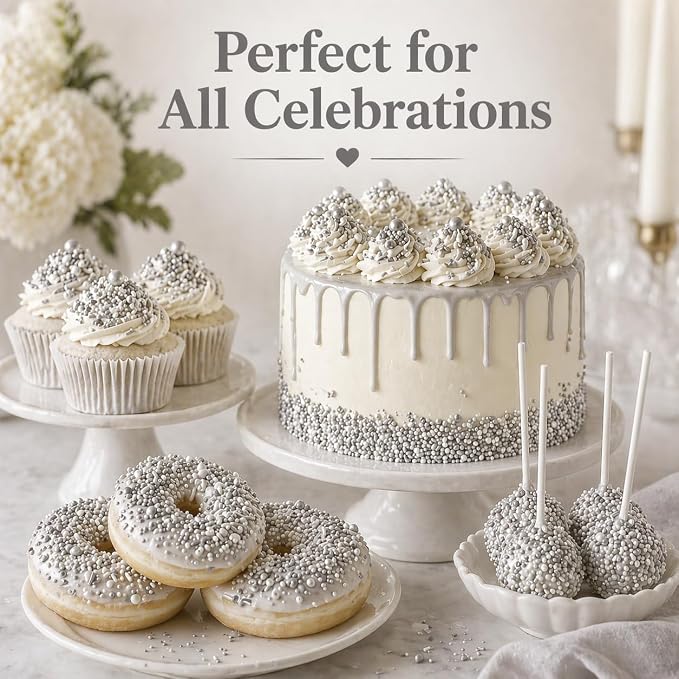 Confect Silver Pearl Christmas Sprinkles for Cakes & Cupcakes Decoration | Assorted Pack of 5 Metallic Shine Sliver Sprinkle Mix Dragees, Jimmies & Sparkling Sugar | Vegan, Gluten-Free, Soy-Free, Dairy-Free, Palm Oil-Free- 5 Oz