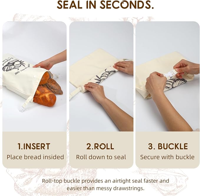 2 Pack Double-Layer Beeswax Sourdough Bread Bags, Reusable Organic Cotton Bread Bag with Detachable Beeswax Liner & Roll-top Buckle, Keeps Homemade Loaves Fresh Longer, XL Capacity | Washable linen shell