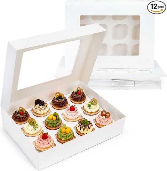 LotFancy 12 Pack Cupcake Boxes 12 Count, Holding 144 Cupcakes, White | Pre-Folded, Disposable, BPA Free, With Windows and Inserts, Food Grade Cupcake Holders for Birthday Holiday Party Bakery