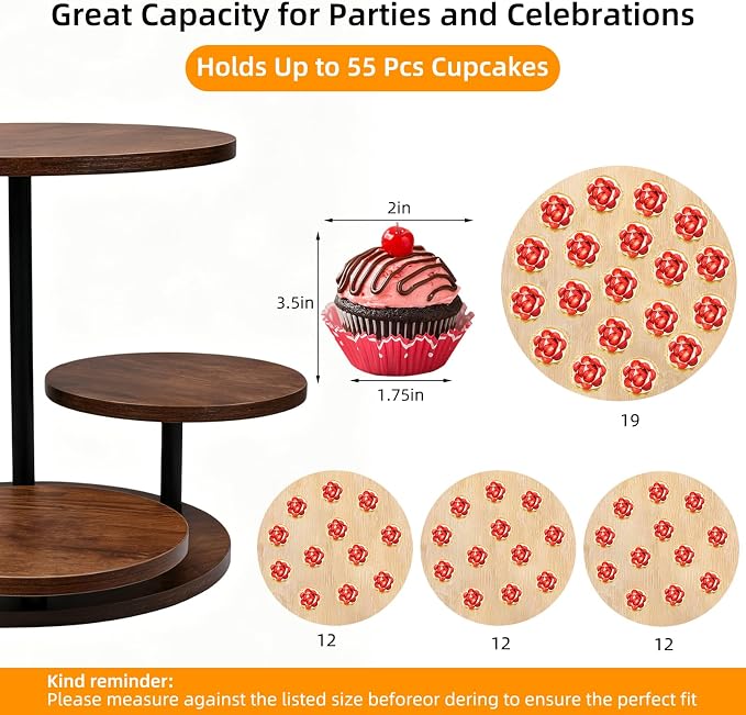 4 Tier Round Cupcake Tower Stand for 50 Cupcakes, 360° Rotating Wood Cake Stand with Tiered Trays, Farmhouse Cookie Stand for Dessert Table Display for Wedding Birthday Baby Shower Tea Party ﻿