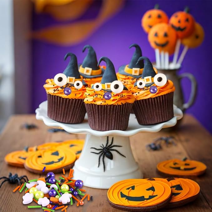 Candy Eyeballs Edible Halloween Sprinkles Edible Eyes Pumpkin Ghost Sprinkles Eyeball Sprinkle Candy Eyes for Decorating Black Orange Jimmies Sugar Pearls for Halloween Cookie Cake Topping 3.5 Oz