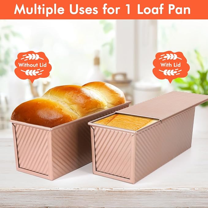 Beasea Pullman Loaf Pan with Lid, 2 Pack 2 lb Large Bread Loaf Pans 12x4inch Nonstick Carbon Steel Toast Box with Dough Scraper Set for Homemade Bread Sandwich Oven Baking - Rose Gold