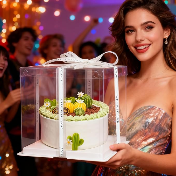 8Pcs Tall Cake Boxes Clear Box with Ribbon, 10x10x9 inch, for 6" cajas para pasteles Tiered Cakes,Transport Gift Boxes for Wedding and Gift Display. (Transparent, 10 * 10 * 9 inch/8pcs)
