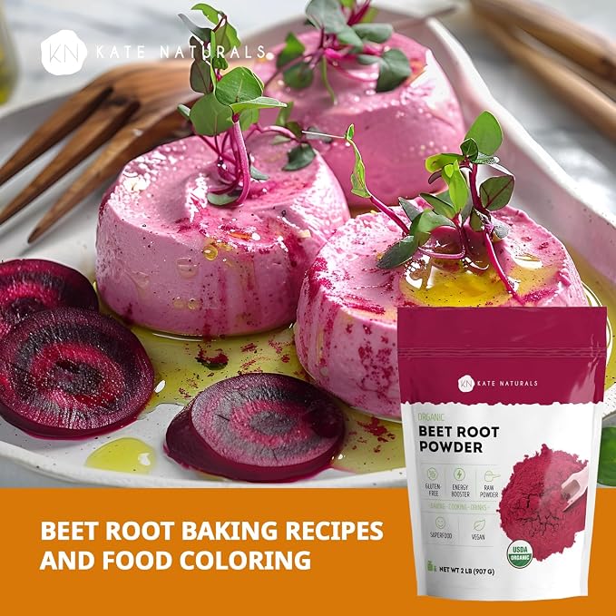 Kate Naturals Organic Beet Root Powder for Smoothies, Baking & Juice. Raw Beetroot Superfood & Natural Red Food Coloring (2lb, Non-GMO, Earthy Flavor)