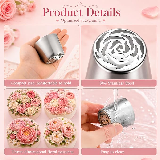 4 PCS Flower Russian Piping Tips, Stainless Steel Extra Large Russian Piping Tip Set 3D Flower Tips for Cake Decorating, Flowers Shaped Frosting Nozzle Kit for Wedding Birthday Cakes Cupcakes Cookies