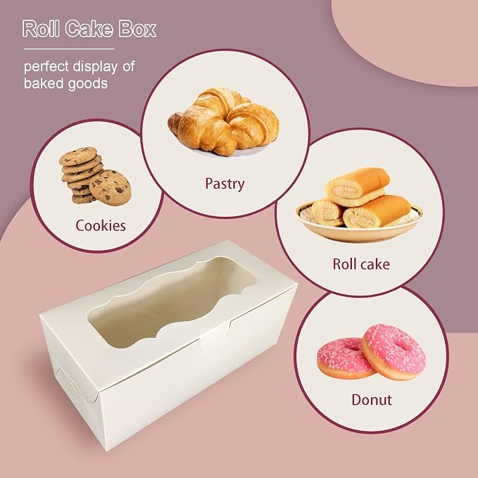 30pcs 9x4x3.5 Inch Cookie Boxes White Bakery Boxes with Window, Loaf Cake Boxes for Roll Cakes, Desserts, Muffins, Donuts, Candies and Pastries(9 Inch)