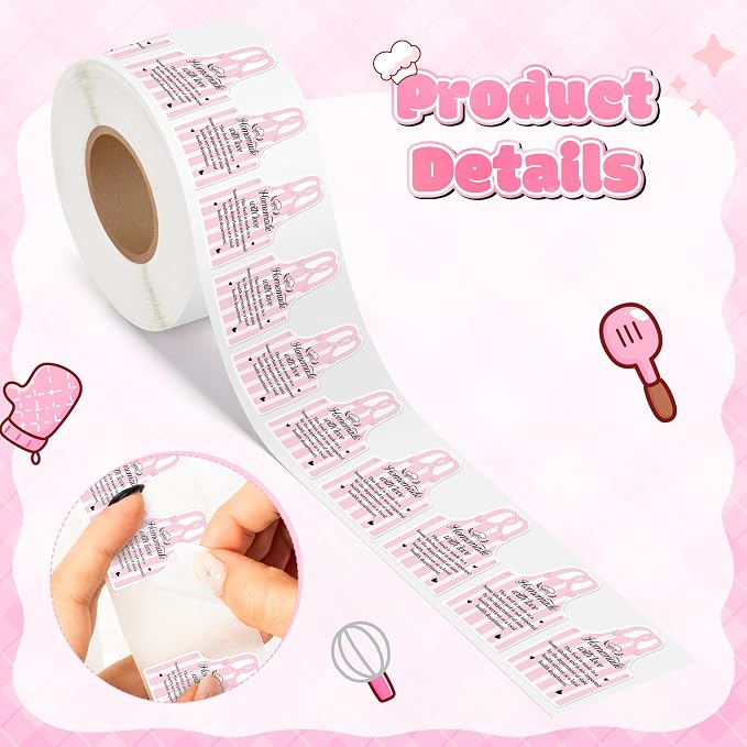 PANTIDE 500 Count Cottage Food Law Labels Sticker Pink Apron Shaped | Homemade with Love, Waterproof Adhesive Decal Roll, Made in A Home Kitchen Inspection Statement, Food Packaging, 2 x 1.2 Inch