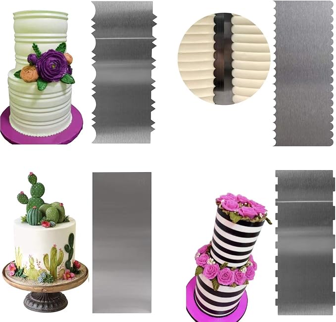 Stainless Steel Cake Scraper, 9 Inch Large Cake Smoother Scraper Contour Double Sided Patterned Edge Stripe Tool Pastry Cutter in 6 Patterns for Different Shapes of Comb Cake Edges (4 Pieces, 9 Inchs)
