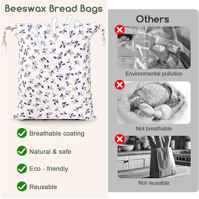 Beeswax Bread Bags for Sourdough, 2 Pack Reusable Bread Bag for Storage XL 17x13 Inch, Large Canvas Lined Bags for Homemade Sourdough - Keep Fresh, Freezer Safe