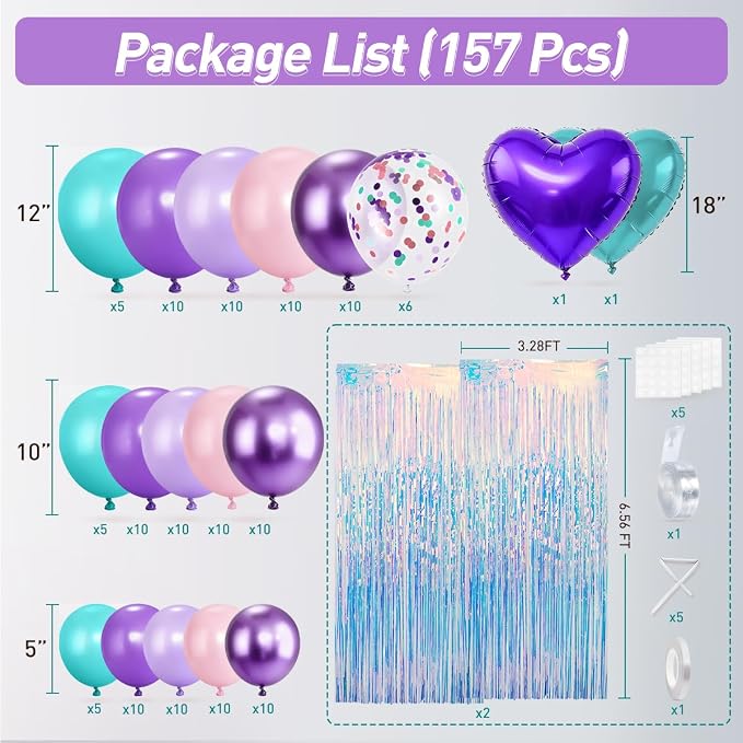 157Pcs Mermaid Balloons Garland Arch Kit with Fringe Curtain for Girl Princess Woman Birthday Engagement Wedding Bridal Baby Shower Under the Sea Party Decorations