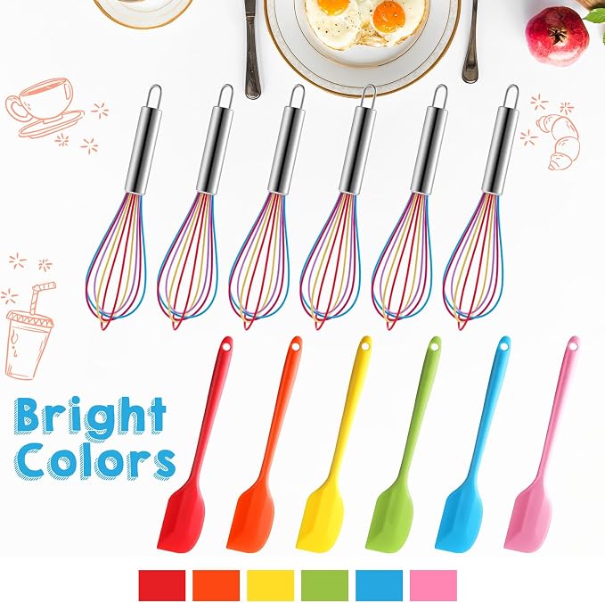 Baderke 24 Pcs Small Silicone Spatula and Whisks Set Bulk for Cooking Mini Whisk Spatula Non Stick Flexible Kitchen Baking Mixing Tool Cookware for Cooking Party Favor Gift Supplies (10 Inch)