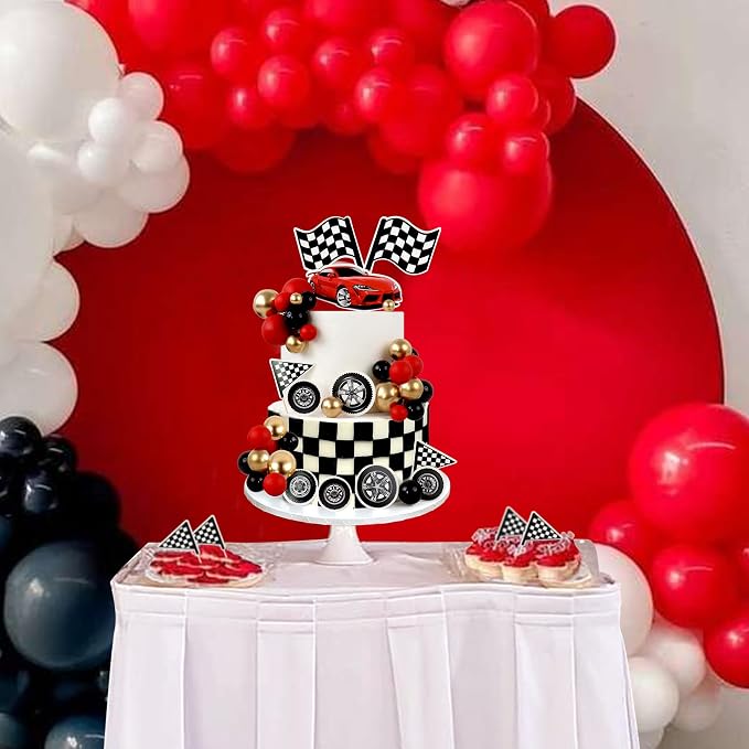 Ercadio 42Pcs Black Red Race Car Birthday Cake Toppers Checkered Flags Wheel Cupcake Toppers Multicolor Balls Cake Decorations for Kids Racing Birthday Cake Decoration Race Car Party Supplies