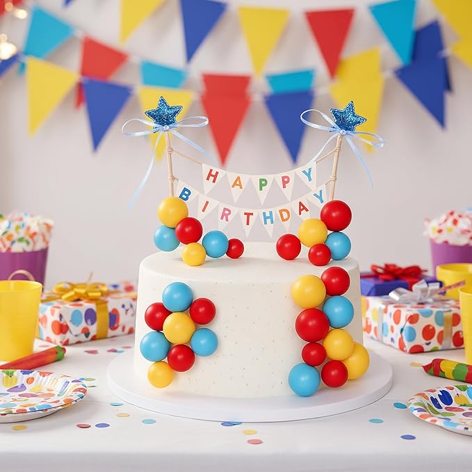 16 Pcs Happy Birthday Cake Topper Cake Bunting Topper Banner with Wood Pole Rainbow Garland with Bow Ribbon Balloon, Mini Cupcake Decor for Birthday Baby Shower (Lake Blue,Yellow,Red)