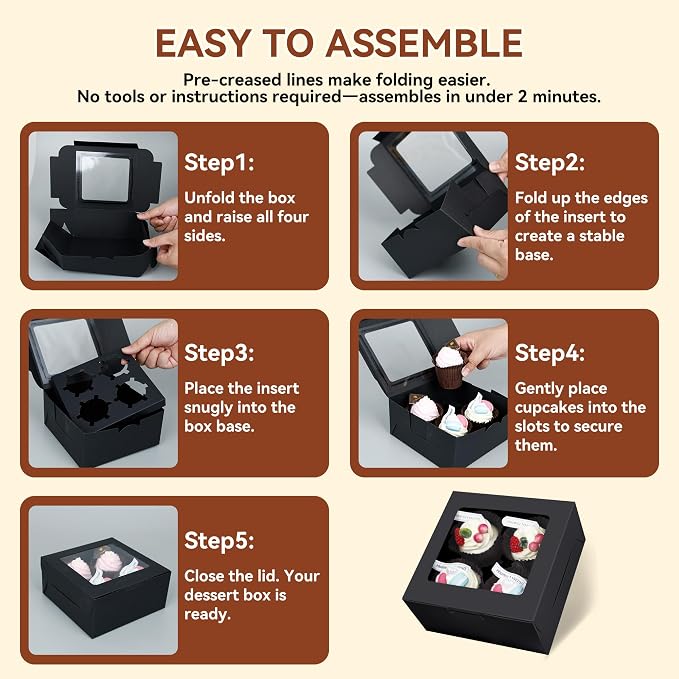 30-Set Cupcake Boxes Bulk with Clear Display Window Hold 4 Standard Cupcakes, Disposable Food Grade Black Cupcake Carrier Cupcake Container, Perfect for Cupcakes Muffins Cookies Pastries