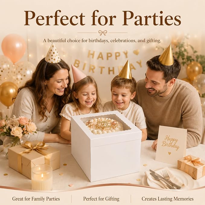 JCD 12x12x12 Corrugated Tall Cake Boxes for 10in Multi Layer Cakes with Clear Window