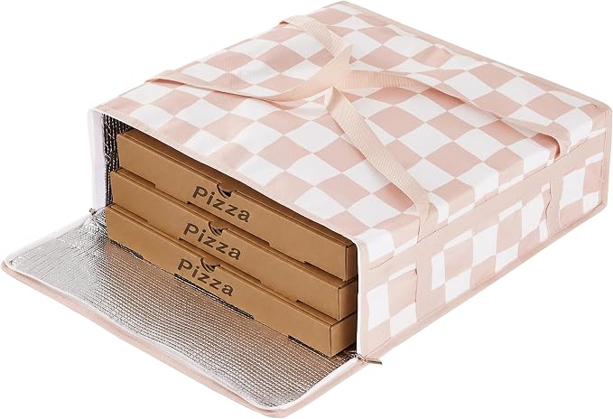 Beige Checkered Pizza Bags for delivery, Checkerboard Insulated Pizza Delivery Bag, Pizza Warmer Bag Pizza Carrier for Food Delivery Bag 20’’x20’’x6’’