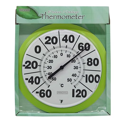 Springfield Indoor Outdoor Big and Bold Dial Thermometer, Wireless Thermometer with Easy to Read Numbers for Patio, Pool, and Indoor Areas, 8-Inch, Green