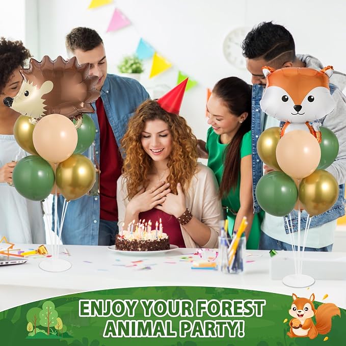 4 Sets Vbs Woodland Animals Party Balloons Stand Kit with Hedgehog Raccoon Fox Squirrel Foil Balloons Sage Green Brown Balloon Centerpiece for Tables for Forest Safari Jungle vbs Birthday Party Decor