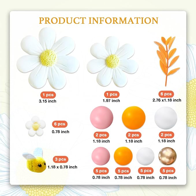 43Pcs Daisy Flower Boho Groovy Cake Topper Mini Balls Cake Decorations Bee Cake Toppers for Women Girls Kids Birthday Baby Shower Wedding Daisy Flower Bee Hippie Themed Party Supplies