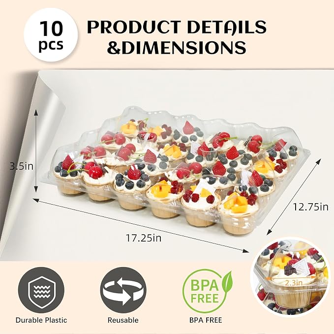 WIKDAY 24 Count x 10 Sets Plastic Cupcake Containers, Durable and BPA-Free Cupcake Holder with Lid for Easy Transport Storage, Stackable Clear Cupcake Carriers, Reusable Dessert Boxes