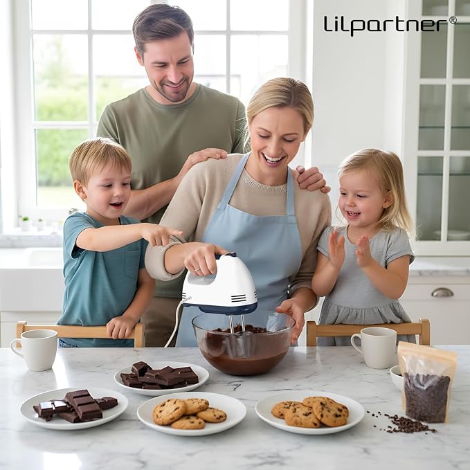 LILPARTNER Hand Mixer Electric, Ultra Power Kitchen Hand Mixer With 7-Speed & 5 Stainless Steel Accessories for Whipping Dough, Cream, Cake, Dishwasher Safe, Light White