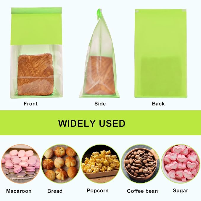 50-Pack Reusable Bakery Bags - Windowed Kraft Paper Bags with Seal & Tin Tie Tab Lock - Upright Cookie, Bread & Pastry Packaging (Green)