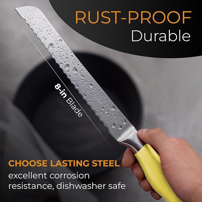 Orblue Serrated Bread Knife Ultra-Sharp Stainless Steel Professional Grade Bread Cutter - Cuts Thick Loaves Effortlessly - (8-Inch Blade with 5-Inch Handle), Yellow