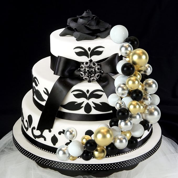 48 Pcs Balls Cake Topper Decorations Balloon Cupcake Toppers Foam Cake Topper Balls Cake Balls Decorations for Birthday Party Wedding Anniversary Cake Decorating (Black, Silver, White, Gold)