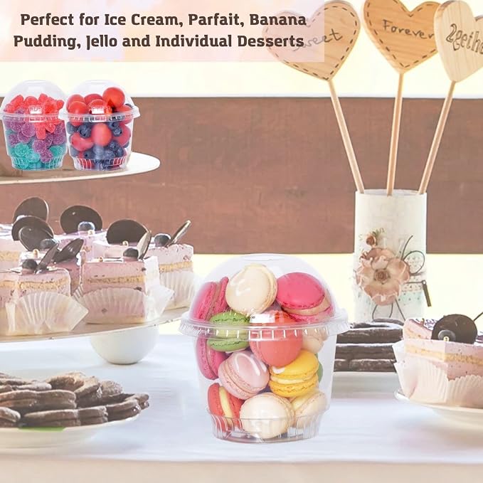 8 oz Clear Plastic Dessert Cups with Dome Lids (25Sets) - Disposable Snack Bowls (No Hole) for Cereal Parfait, Yogurt, Cupcakes, Pudding, Jello and Individual Desserts at Party