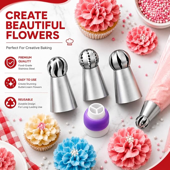 3 Pcs Ball Russian Piping Tips & 1 Couplers,Cake Decorating Supplies Piping Tips,For Cookie And Cake Decorating,Birthday Cake, Cupcake,Diy Cream Baking Tools