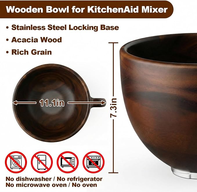 Cofun Premium Wood Mixing Bowl, Compatible with 4.5-5 Qt Tilt-Head Stand Mixers, Natural True Wooden Bowls, 5 Qt Wooden Bowl for KitchenAid with Stainless Steel Locking Base, Handle
