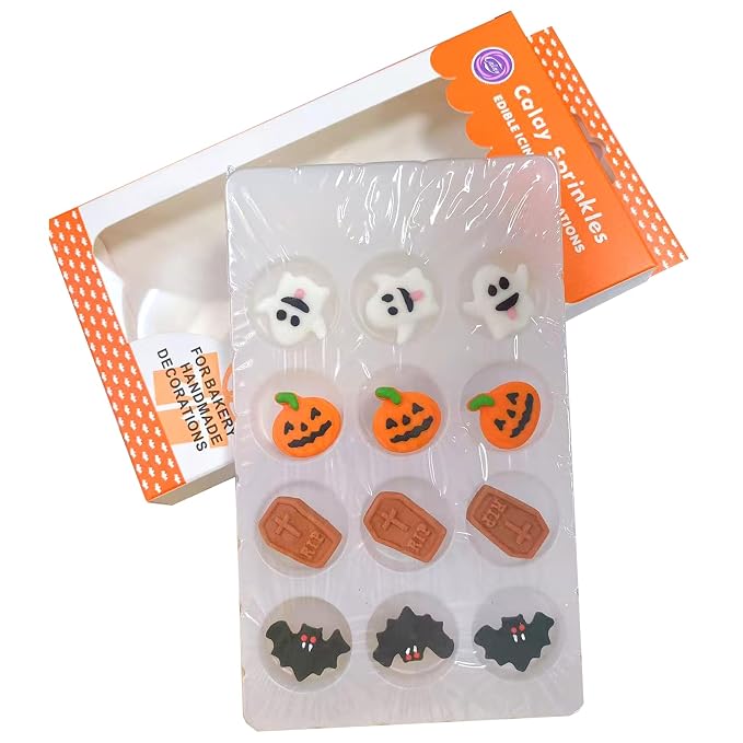Sentovac 12 Pcs Halloween Icing Decoration Edible Tombstone Pumpkin Ghost Bat Mix Candy Dessert Sprinkles DIY For Cookie Cake Cupcake Topper Icing Frosting Decoration Supplies