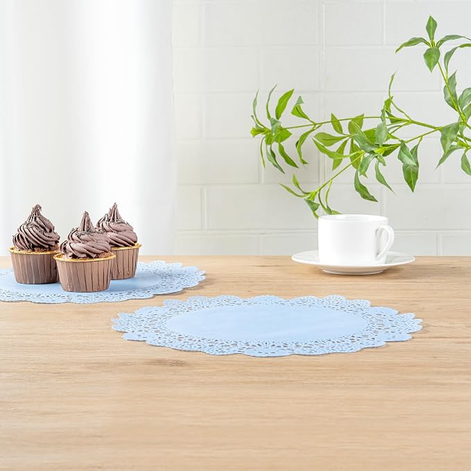 Pastry Tek 12 x 12 Inch Paper Lace Doilies, 100 Disposable Table Doilies - Elegant Lace Finish, Long Lasting, SkyBlue Paper Doily, for Pastries, Cupcakes, Desserts - Restaurantware